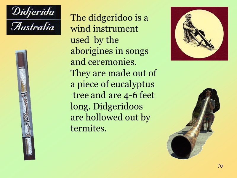 70 The didgeridoo is a wind instrument used  by the aborigines in songs